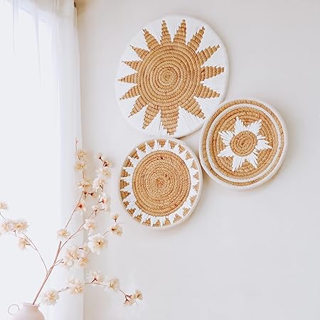 Boho Wall Decor - Set 3 of Hanging Woven Wall Baskets with African Design, Elegant Boho Decor - Best Fit for Bedroom or Livingroom"