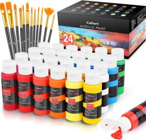 Caliart Acrylic Paint Set With 12 Brushes, 24 Colors (59ml, 2oz)