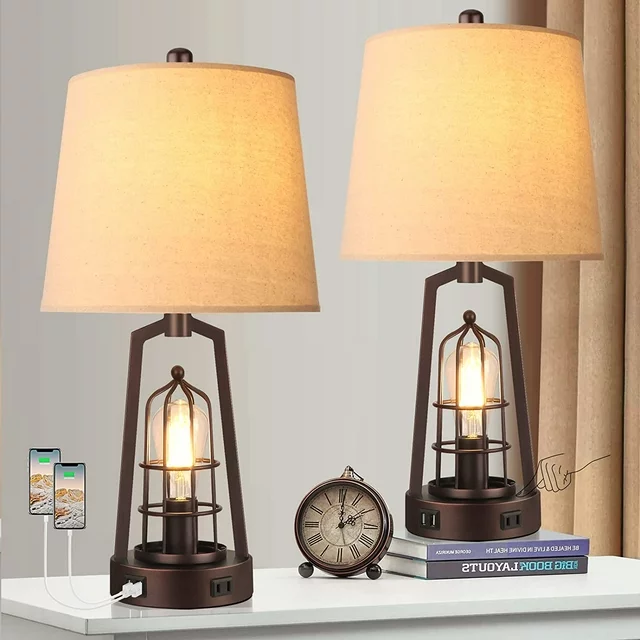 Partphoner Farmhouse Retro Style Table Lamps Set of 2 with USB Ports, 3-Way Dimmable Touch Lamp"