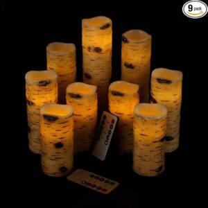 Vinkor Flameless Candles Battery Operated Candles Birch Effect 4" 5" 6" 7" 8" 9" Set of 9 Real Wax Pillar LED Candles with 10-Key Remote Control 2/4/6/8 Hours Timer