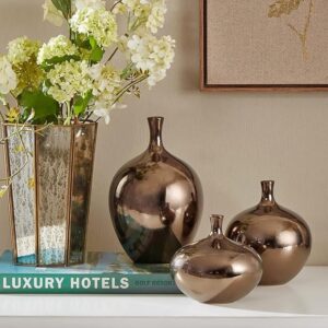 Madison Park Signature Ansen Ceramic Handmade Vase Set Home Décor - Metallic Accent Living Room Decoration Ideal for Shelf, Side Table, Mantle Ornaments, Multi Size, Bronze 3 Piece"