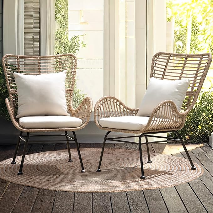 Patio Wicker Set of 2 Outdoor Dining Chairs, 500lbs, Beige - AliExpress