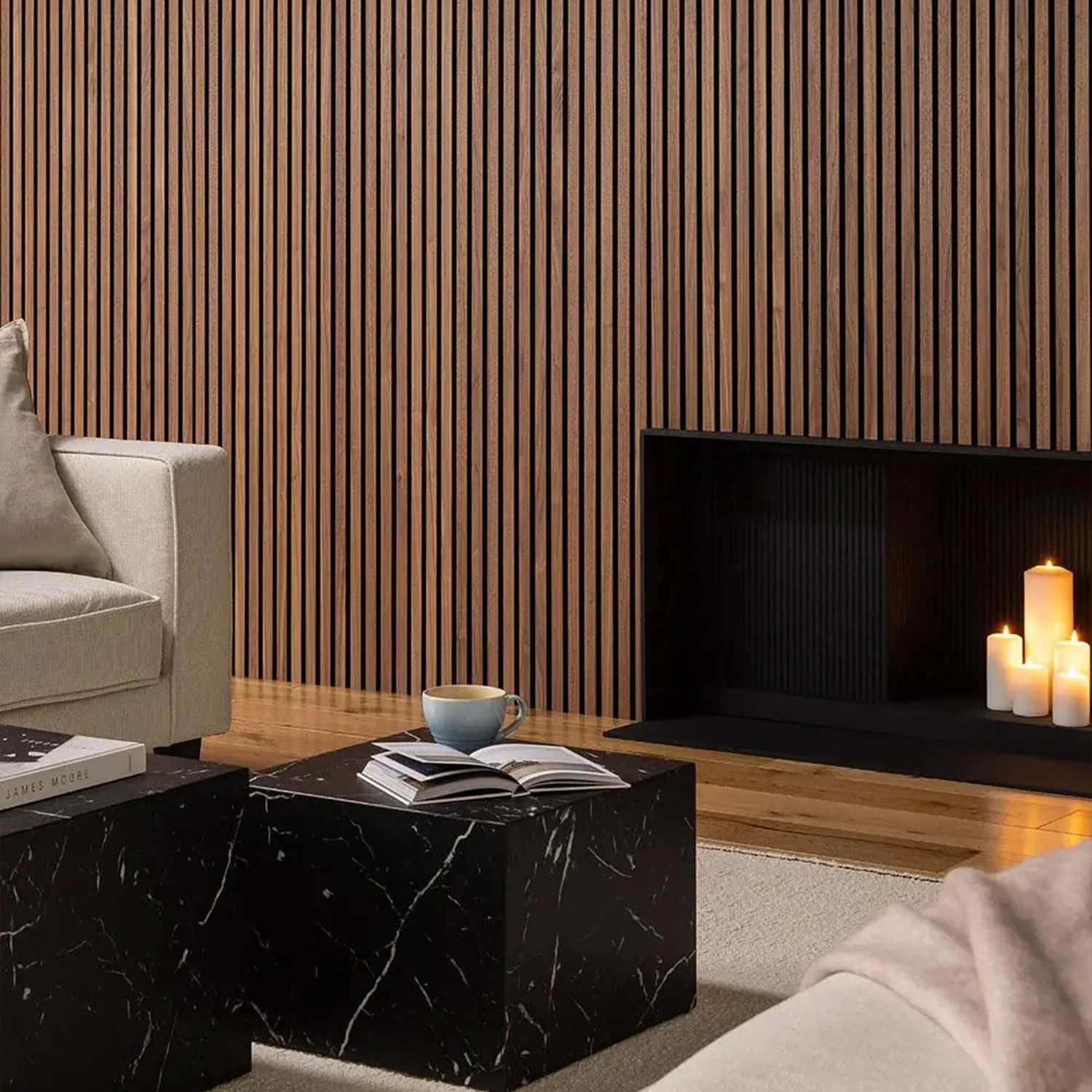 MDF wood wall panel in American Walnut slat - rich and elegant finish for a sophisticated look.