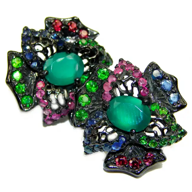 Very Unique Green Emerald black Rhodium over .925 Sterling Silver handcrafted earrings