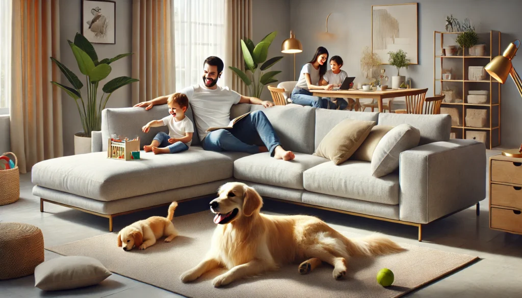 Durable U-shaped couch with stain-resistant, pet- and kid-friendly fabric in a family living room