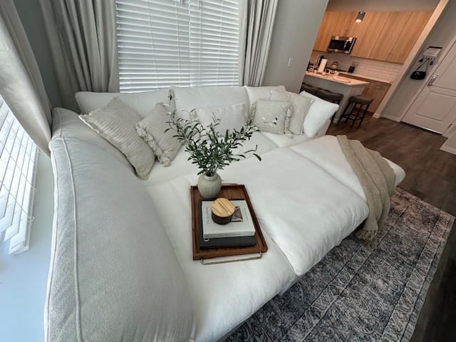 Decorated 4-seater U couch with throw pillows and a cozy interior vibe