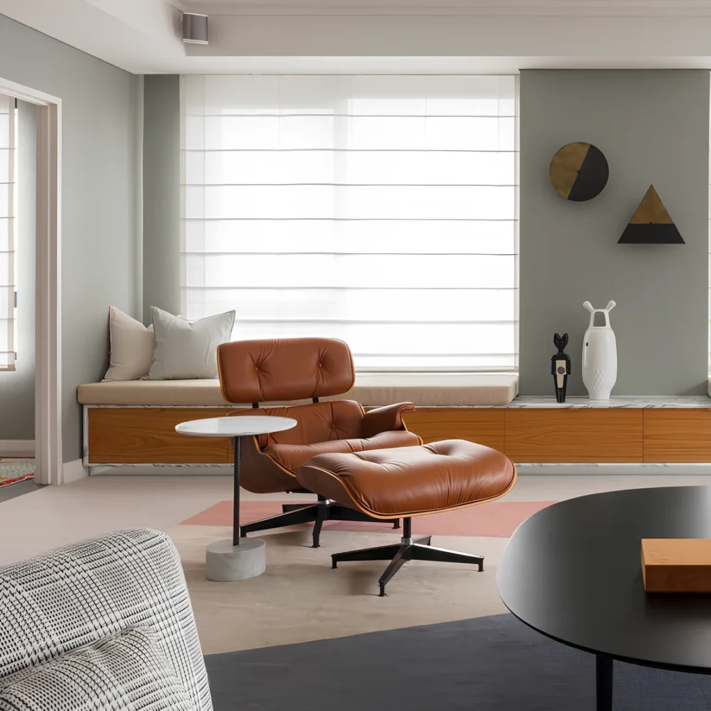 Stylish reading nook with ottoman